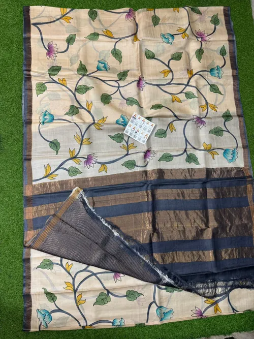 Pure Handloom Tussar Silk Hand Painted Pen Kalmakari Saree